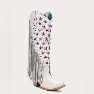 Corral Boots Luminescent White Cowboy Boots with Pink Stars and Fringe Snip Toe